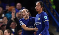 Mayra Ramirez (right) celebrates scoring Chelsea’s goal with Guro Reiten in their Women’s Champions League quarter-final second leg match against Ajax. The match finished 1-1 with Chelsea going through to the semi-finals 4-1 on aggregate.