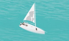 Illustration of sailing boat with woman sitting at front and captain whose shadow is cast large on the sail