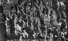 German military prisoners at Southend on sea, on their way to Knockaloe internment camp near Peel on the Isle of Man, c1914-1915.