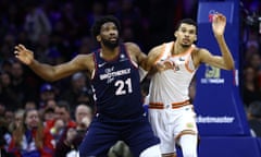 Philadelphia’s Joel Embiid, left, abused San Antonio rookie star Victor Wembanyama on Monday night in a 70-point eruption that broke Wilt Chamberlain’s franchise record.