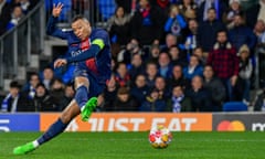 Kylian Mbappe scores Paris Saint-Germain’s second goal against Real Sociedad.