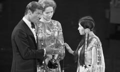 Sacheen Littlefeather Refuses Marlon Brando's Academy Award<br>At the 1973 Academy Awards, Sacheen Littlefeather refuses the Academy Award for Best Actor on behalf of Marlon Brando who won for his role in The Godfather. She carries a letter from Brando in which he explains he refused the award in protest of American treatment of the Native Americans.