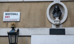 Renovations Begin At The Banqueting House In Whitehall<br>LONDON, ENGLAND - MARCH 01:  (EXCLUSIVE ACCESS)   A bust of Charles 1st sits above the entrance to Banqueting House during restoration work on March 1, 2016 in London, England. The Banqueting House is the only remaining part of the Palace of Whitehall, once the largest Palace in Europe but destroyed by fire in 1698. Visitors can see the magnificent ceiling painted by Sir Peter Paul Rubens. It is currently being renovated and will re-open to the public on April 1st.  (Photo by Chris Ratcliffe/Getty Images)