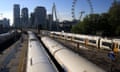 Southeastern trains wait at Charing Cross Station in London this morning. Rail passengers have been advised to check before travel.