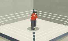 Illustration of couple hugging in middle of a boxing ring