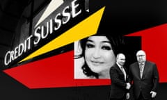 Illustration of Saodat Narzieva, Vladimir Putin and Alisher Usmanov under a Credit Suisse sign