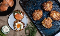 Breakfast with...Alice Zaslavsky's parsnip latkes: potato and parsnip latkes topped with creme fraiche, dill, smoked salmon and salmon roe