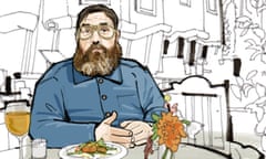 Illustration of Nick Frost sitting at a restaurant table