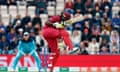 Chris Gayle avoids a bouncer from Jofra Archer