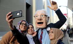 Bernie Sanders supporters; one in a Bernie costume.