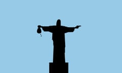 illustration by Suzanne Lemon of Christ the redeemer statue with money in one hand and a gun in the other