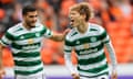 Liel Abada and Kyogo Furuhashi celebrate during Celtic's thrashing of Dundee United