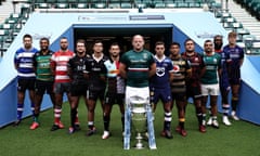 Leicester’s Dan Cole takes centre stage with the Premiership trophy at this season’s launch at Twickenham