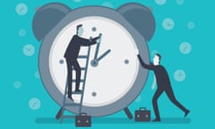 Illustration of businessmen trying to stop time by moving clock hands