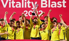 James Vince lifts the Vitality Blast Trophy alongside his teammates after Hampshire’s victory over Lancashire at Edgbaston.