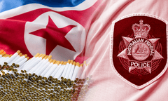 Composite of the North Korean flag, cigarettes in a tobacco factory and the AFP badge