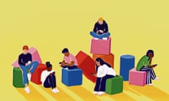 Illustration of young people sitting on cube-shaped stools, looking at their phones