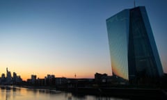 The sun setting behind the European Central Bank and the city skyline in Frankfurt, Germany