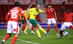 Teemu Pukki scores for Norwich in their 2-0 away victory against Nottingham Forest at the City Ground.