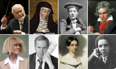 Composers composite - clockwise from top left: John Williams, Hildegard of Bingen, Ethel Smyth, Beethoven, Samuel Coleridge Taylor, Clara Schumann, Ned Rorem and Carla Bley