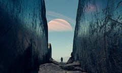 Starfield screenshot – a figure standing in a rocky ravine with a planet in the sky above