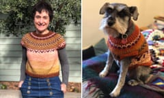 Composite image of a woman on the left in a multi-coloured red-and-maroon short-sleeved knitted jumper, and her dog on the right, in a matching dog-sized jumper.