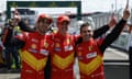 Alessandro Pier Guidi, James Calado and Antonio Giovinazzi celebrate Ferrari’s Le Mans triumph