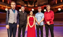 BBC Young Musician finalists 2022, L to R: Ethan Loch, Jaren Ziegler, Sofia Patterson-Gutiérrez, Jordan Ashman (overall winner) and Sasha Canter.