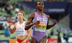 Dina Asher-Smith crosses the line in Germany at the European Championships.