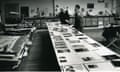 Derek Birdsall with Francis Bacon in the Omnific studio with pages from a projected volume of the artist’s work, 1990. 