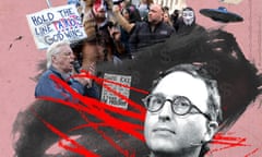 A photo montage/ illustration of Jon Ronson and a trail of conspiracy theorists behind him