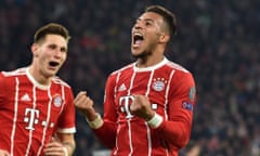 Corentin Tolisso celebrates after scoring the second for Bayern.