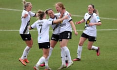 Lewes players celebrate a goal against Manchester United in the FA Cup last season.