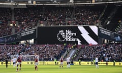 West Ham United v Tottenham Hotspur - Premier League<br>LONDON, ENGLAND - OCTOBER 24: 'No Room for Racism' is displayed on the digital screen during the Premier League match between West Ham United and Tottenham Hotspur at London Stadium on October 24, 2021 in London, England. (Photo by Justin Setterfield/Getty Images)