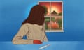 Illustration of a woman turning her head back to look at a window, with a pregnancy test in front of her.