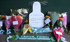 Tributes to Lee Collins at Yeovil’s Huish Park stadium, including a written note from the manager, Darren Sarll.