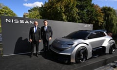 Nissan’s European chair, Guillaume Cartier (left), and the chief executive, Makoto Uchida, at the launch of the Concept 20-23 electric vehicle on a canal barge in Paddington, London.