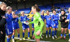 Leicester’s Lize Kop celebrates with her teammates after they beat Liverpool 2-0 in the FA Cup quarter-final.