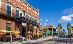 Shops, bars and restaurants on Seventh Avenue in the historic Ybor City area of Tampa, Florida.