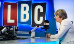 Theresa May at LBC<br>Prime Minister Theresa May takes part in a live phone-in on radio station LBC, hosted by Iain Dale, at their studios in Leicester Square, London. Picture date: 10 October 2017. HANDOUT PHOTO. EDITORIAL USE ONLY