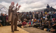 World tour … Keith Bartlett as Polonius in Hamlet, performed at the Jungle refugee camp, Calais, in February 2016.