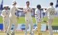 Jimmy Anderson celebrates taking the wicket of Lahiru Thirimanne during the first day of the second Test between England and Sri Lanka.