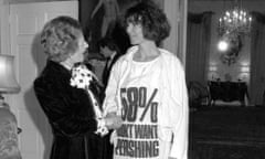 Margaret Thatcher greets Katharine Hamnett, wearing a T-shirt with a nuclear missile protest message, at 10 Downing Street, where she hosted a reception for British Fashion Week designers.