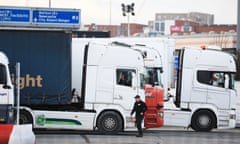 Heavy goods vehicles wait to be checked at Belfast docks