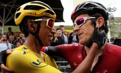 Tour de France - The 59.5-km Stage 20 from Albertville to Val Thorens<br>Cycling - Tour de France - The 59.5-km Stage 20 from Albertville to Val Thorens - July 27, 2019 - Team INEOS riders Egan Bernal of Colombia and Geraint Thomas of Britain celebrate after the finish.  REUTERS/Gonzalo Fuentes