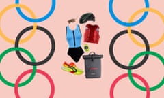 Different activewear clothing items collaged next to the olympic rings logo.