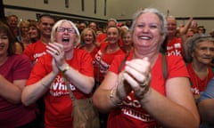 Party faithful celebrate as the West Australian premier-elect, Mark McGowan, gives his victory speech at the party’s election night event in Perth, on Saturday night.