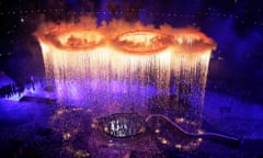 The Olympic rings light up the stadium during the Opening Ceremony at the 2012 Summer Olympics, Friday, July 27, 2012, in London. (AP Photo/Morry Gash, Pool)