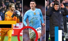 Caoimhin Kelleher of Liverpool, Phil Foden of Manchester City, Mauricio Pochettino manager of Chelsea pulls a face