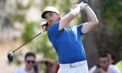 Tommy Fleetwood drives on his way to a a second-round 67 in Dubai